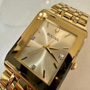 Bulova Gold-Tone Rectangular Watch with Diamond Markers